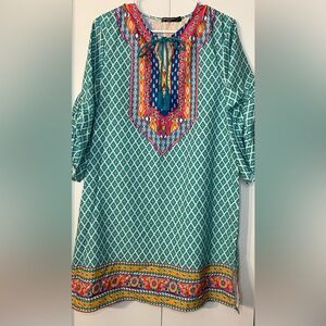 Boho Teal Printed Tunic Dress with Embroidered Yoke Ptp 21”